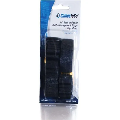 C2G CG29854 11" Hook-and-Loop Cable Management Wrap Multipack, TAA Compliant, Black, 12-Pack