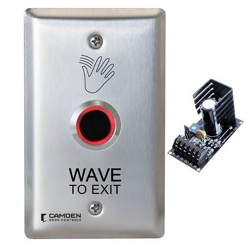 Camden CM-221/46-P3 ValueWave Touchless Switch with CX-PS13v3 Linear Power Supply, Single Gang, Wave to Exit Graphics, Stainless Steel Faceplate