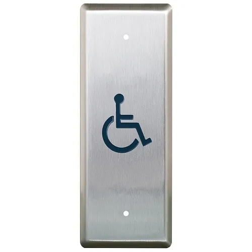 Camden CM-25/4-OB Narrow Push Plate Switch, Vertical Mounting, 'WHEELCHAIR' Blue Symbol and 'PUSH TO OPEN', Oil Rub Bronze