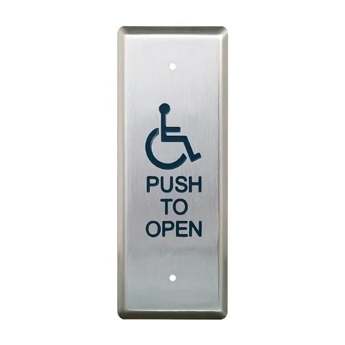 Camden CM-25/4 Narrow Push Plate Switch, Vertical Mounting, 'WHEELCHAIR' Symbol and 'Push to Open', Blue