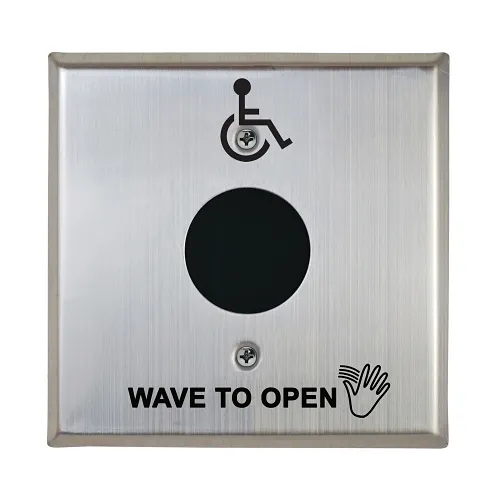 Camden CM-325/42SW Wired 'Short Range' Touchless Switch, 1-Relay, Hand Icon, 'Wave to Open' text and Wheelchair Symbol, Double Gang Stainless Steel Faceplate without Illumination
