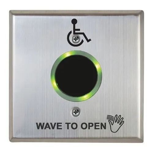 Camden CM-332/42SW-SGLR Wired Touchless Switch with Built-In Door Control, 2-Relay, Hand Icon, 'Wave to Open' Text, Wheelchair Symbol, Double Gang Stainless Steel Faceplate with LED Light Ring