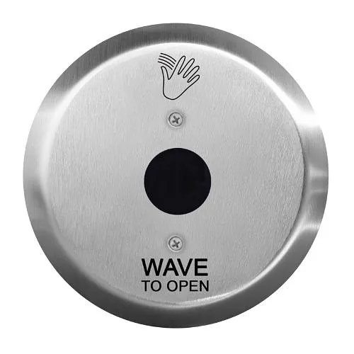 Camden CM-333/41R Hybrid Battery Powered Touchless Switch, 1-Wired Relay, Hand Icon and 'Wave to Open' Text, 6" Round Stainless Steel Faceplate without Illumination
