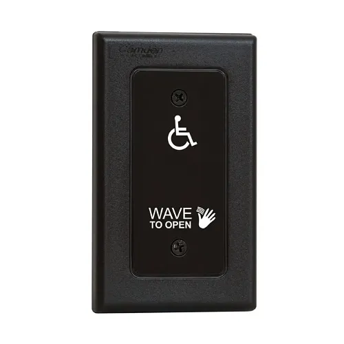 Camden CM-333/42 SureWave Hybrid Battery Powered Touchless Switch, Relay, Single Gang, Black Faceplate, Hand and Wheelchair Icon