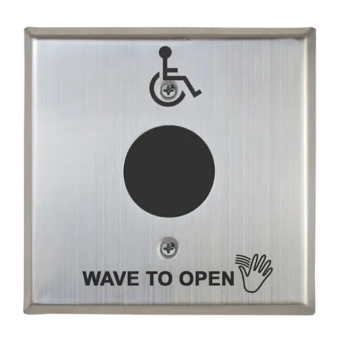 Camden CM-333/42SW Hybrid Battery Powered Touchless Switch, Hand Icon, 'Wave to Open' text and Wheelchair Symbol