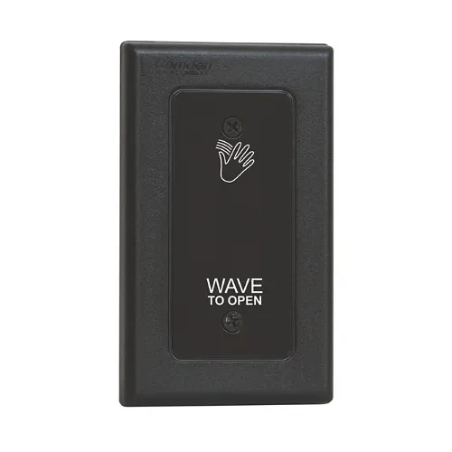 Camden CM-336/41 SureWave Battery Powered, 915Mhz. Wireless Touchless Switch, Single Gang, Black Faceplate, Hand Icon and Wave to Open Graphics