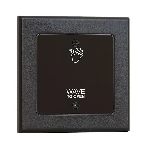 Camden CM-336/41W SureWave Battery Powered, 915Mhz. Wireless Touchless Switch, Double Gang, Black Faceplate, Hand Icon and Wave to Open Graphics