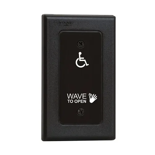 Camden CM-336/42 SureWave Battery Powered, 915Mhz. Wireless Touchless Switch, Single Gang, Black Faceplate, Hand Icon, Wheelchair and Wave to Open Graphics