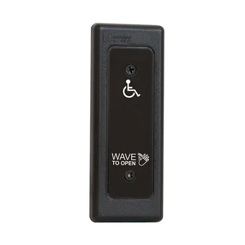 Camden CM-336/42N SureWave Battery Powered, 915Mhz. Wireless Touchless Switch, Narrow, Black Faceplate, Hand Icon, Wheelchair and Wave to Open Graphics
