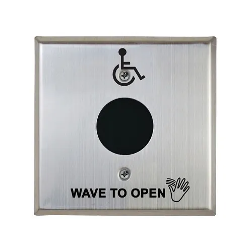 Camden CM-336/42SW SureWave Battery Powered, 915Mhz. Wireless Touchless Switch, Double Gang Stainless-Steel Faceplate, Hand Icon and Wave to Open Graphics
