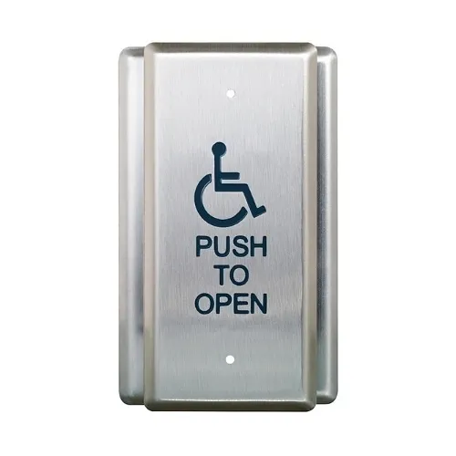 Camden CM-35/4 Single Gang Push Plate Switch, Vertical Mounting, 'WHEELCHAIR' Symbol and 'Push to Open', Blue