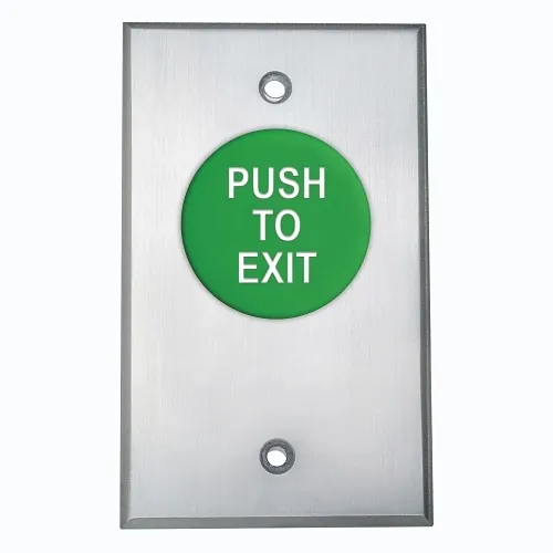 Camden CM-4085GPTE CM-4000 Series 1-5/8" Pushbutton, Spring Return, DPST 1-60 sec Pneumatic Timer, 'PUSH TO EXIT' Engraved Green Button, Aluminum Faceplate