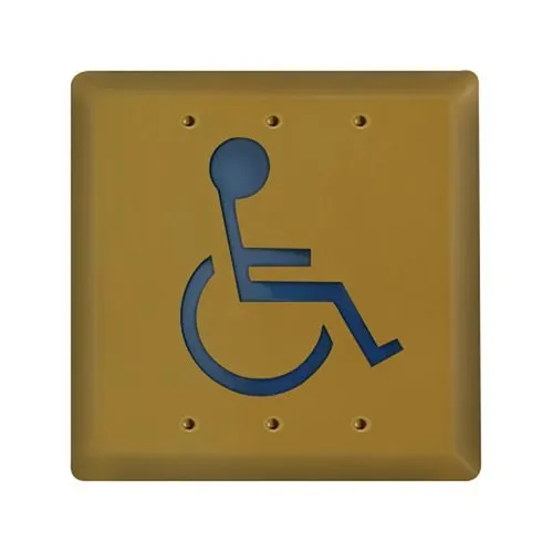 Camden CM-45/2-PB 4-1/2" Square Push Plate Switch, Concealed Screws, 'WHEELCHAIR' Symbol, Blue, Polished Brass (US3/605)