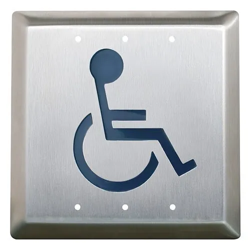 Camden CM-45/4-OB 4-1/2" Square Push Plate Switch, Concealed Screws, 'WHEELCHAIR' Symbol and 'PUSH TO OPEN' Blue, Oil Rub Bronze