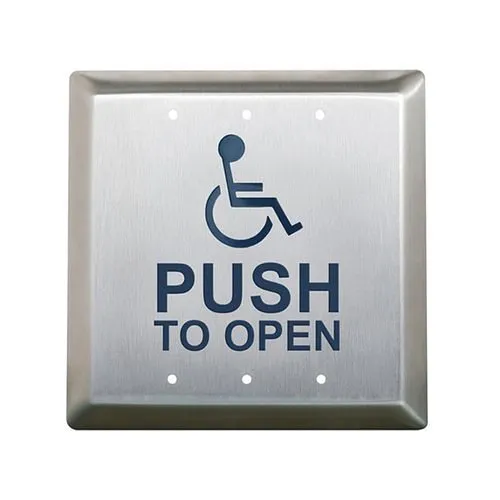 Camden CM-45/4-WT 4-1/2" Square Push Plate Switch, Boot and Water Tight Coating, 'WHEELCHAIR' Symbol and 'PUSH TO OPEN', Blue