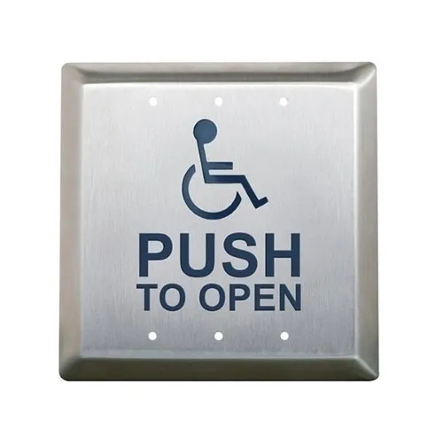 Camden CM-45/4 1/2" Square Push Plate Switch, Concealed Screws, 'WHEELCHAIR' Symbol and 'Push to Open', Blue