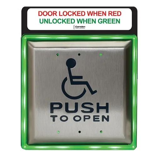 Camden CM-45/454SE1  4-1/2" Push Plate Switch, Wheelchair and Push to Open, with Surface AURA(tm) Illuminated Enclosure and Sign