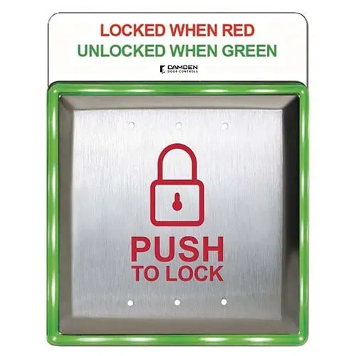 Camden CM-45/8B54SE1 4-1/2" Push Plate Switch, Icon and Push to Lock, with Surface AURA(tm) Illuminated Enclosure and Sign