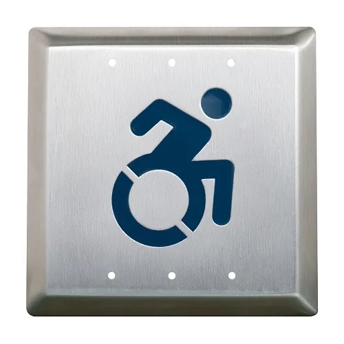 Camden CM-45/A2 4-1/2" Square Push Plate Switch, Concealed Screws, ACTIVE WHEELCHAIR Symbol, Blue