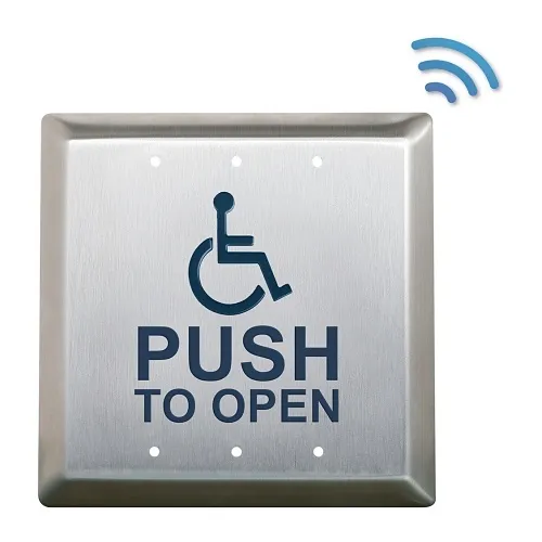 Camden CM-45K/4-WT 4-1/2" Square Push Plate Switch with No-Battery Kinetic Wireless Transmitter, Concealed Screws, 'WHEELCHAIR' Blue Symbol and 'PUSH TO OPEN', Boot and Water-Tight Coating