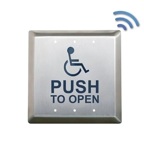 Camden CM-45K/4 4-1/2" Square Push Plate Switch, Concealed Screws with No Battery Kinetic Wireless Transmitter, Wheelchair Symbol with Push to Open, Blue