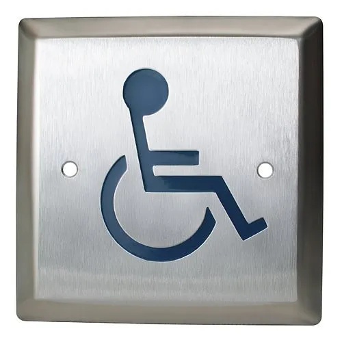 Camden CM-46/2 4-1/2" Square Push Plate Switch, 'WHEELCHAIR' Symbol, Blue
