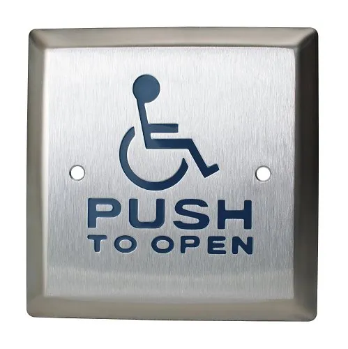 Camden CM-46/4-WT 4-1/2" Square Push Plate Switch, Exposed Screws, 'WHEELCHAIR' Symbol and 'PUSH to OPEN', Text in Blue