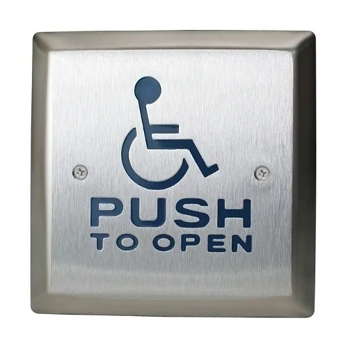 Camden CM-46/4 1/2" Square Push Plate Switch, Exposed Screws, 'WHEELCHAIR' Symbol and 'Push to Open', Blue