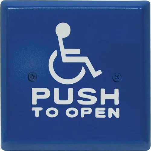 Camden CM-46CB/4 4-1/2" Door Activation Push Plate Switch, Blue Finish and White Graphics