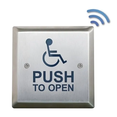 Camden CM-46K/4  4-1/2" Square with Exposed Screws, 'WHEELCHAIR' Symbol and 'Push to Open', Blue