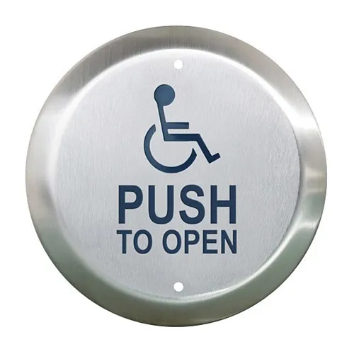 Camden CM-60/4-WT 6" Round Push Plate Switch with 'WHEELCHAIR' Symbol and 'PUSH TO OPEN' in Blue, Boot and Water Tight Coating