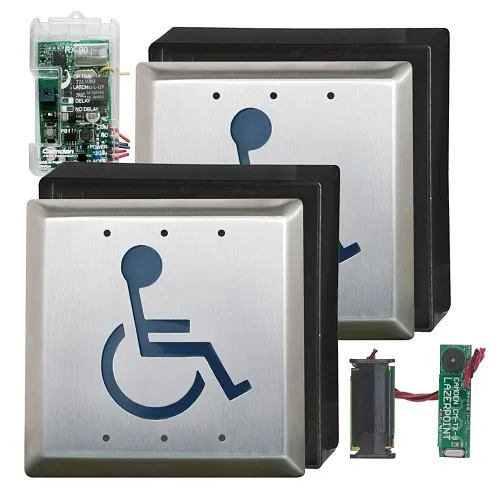 Camden CM-RFL452-SA Square Push PlateLazerpoint Package with 2x CM-45/2 WHEELCHAIR Symbol, 2x CM-43CBL Surface Boxes, 2x CM-TX-9 Transmitters and 1x CM-RX-90 Receiver