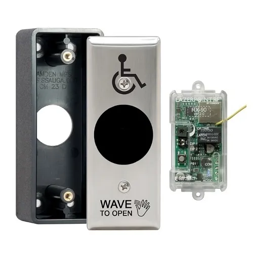 Camden CM-SK336/42SN SureWave Wireless No-Touch Switch, Narrow Faceplate, Rubber Gasket, 'Wave to Open' Graphics, Stainless Steel, Black