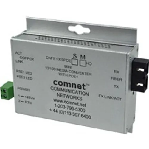ComNet CNFE1003POEMHO/M Hardened Media Converter, SC Connector, Multimode, Fiber, 48V PoE, Power Supply Included, 60W Output, 100Mbps