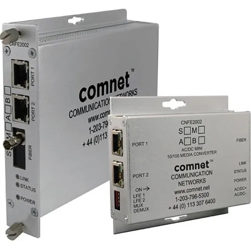 ComNet CNFE2002M1A 2-Channel 10/100Mbps Ethernet Electrical to Optical Media Converter with Optional PoE+, ST Connector, Multimode, 1-Fiber