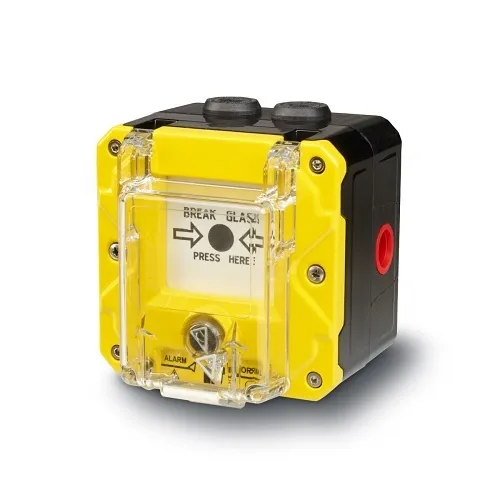 Federal Signal CP-BG-M-Y-1-FNN-00-1 Flameproof and Hazardous Location Break Glass and Push Button Call Point, Wall Mount, Lift Flap, 48VDC, Yellow