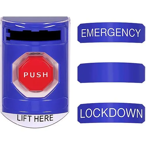 STI CP-SS43-EN Stopper Station Push Button, 3-in-1 Illuminated Stopper Station with Snap-In Messages and Stopper Station Shield, 3-Pack, Blue