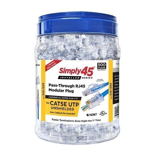 Simply45 S45-1505 PRO Series Pass Through Tint Modular Plugs for CAT5E UTP, 500-Pack, Blue