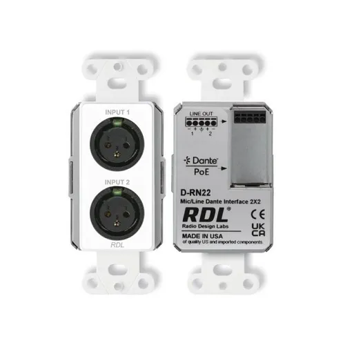 RDL D-RN22 Wall-Mounted Bi-Directional Mic / Line Dante Interface 2x2