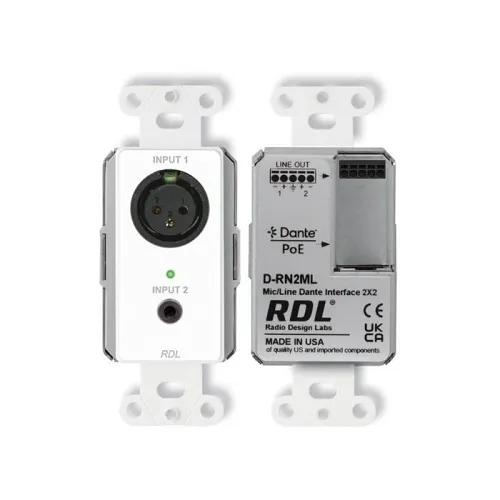 RDL D-RN2ML Wall-Mounted Bi-Directional Mic/Line Dante Interface 2x2