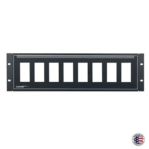 Lowell D8P-ID-3 Rack Panel for 8 Decorator Devices, Vertical Mount, 3U, Black