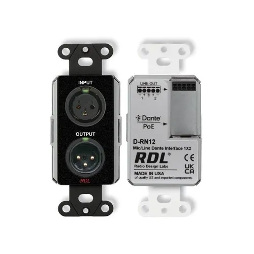 RDL DB-RN12 Wall-Mounted Bi-Directional Mic/Line Dante Interface 1x2, Black