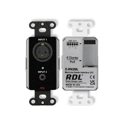 RDL DB-RN2ML Wall-Mounted Bi-Directional Mic / Line Dante Interface 2x2