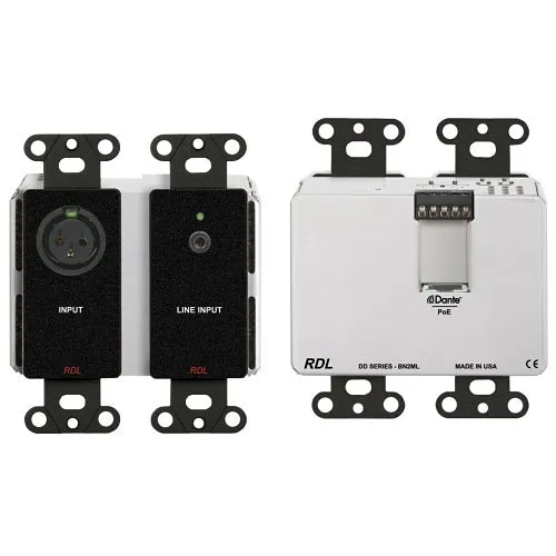 RDL DDB-BN2ML DD Series Wall-Mounted Bi-Directional Mic Line Dante Interface, 2x2, Black