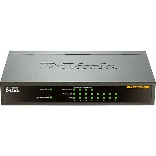 D-Link DES-1008PA 8-Port Fast Ethernet PoE Unmanaged Desktop Switch