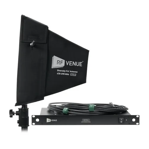 Audio-Technica DFINDISTRO4 RF Venue Premium Bundle with Diversity Fin Antenna with Padded Cover and Threaded Mounting Block, 4-Channel Antenna Distribution System, and 2x 25' RG8X Coaxial Cable