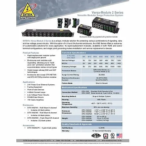 DITEK DK-VM2M75 VM2 Series 75V Rapid-Replacement Surge Protection Module with RJ45 Connections