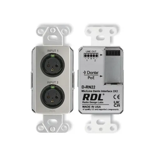 RDL DS-RN22 Wall-Mounted Bi-Directional Mic / Line Dante Interface 2x2