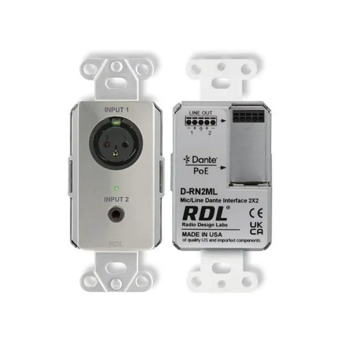 RDL DS-RN2ML Wall-Mounted Bi-Directional Mic / Line Dante Interface 2x2