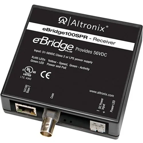 Altronix EBRIDGE100SPR EoC Single Port Receiver, 100Mbps, Generates PoE/PoE+/Hi-PoE 60W, 51/56VDC, Used with EBRIDGE200WPM or EBRIDGE4SPT (Replaces EBRIDGE1SPR)